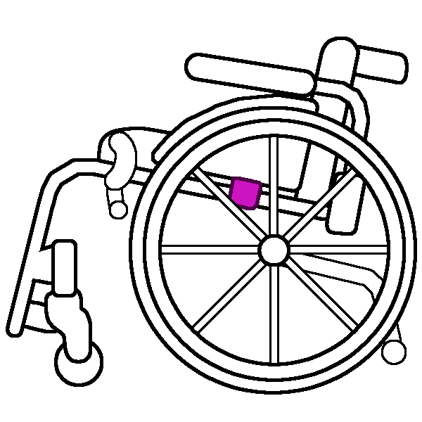 A black and white rigid wheelchair in profile with a bright pink side guard housing.
